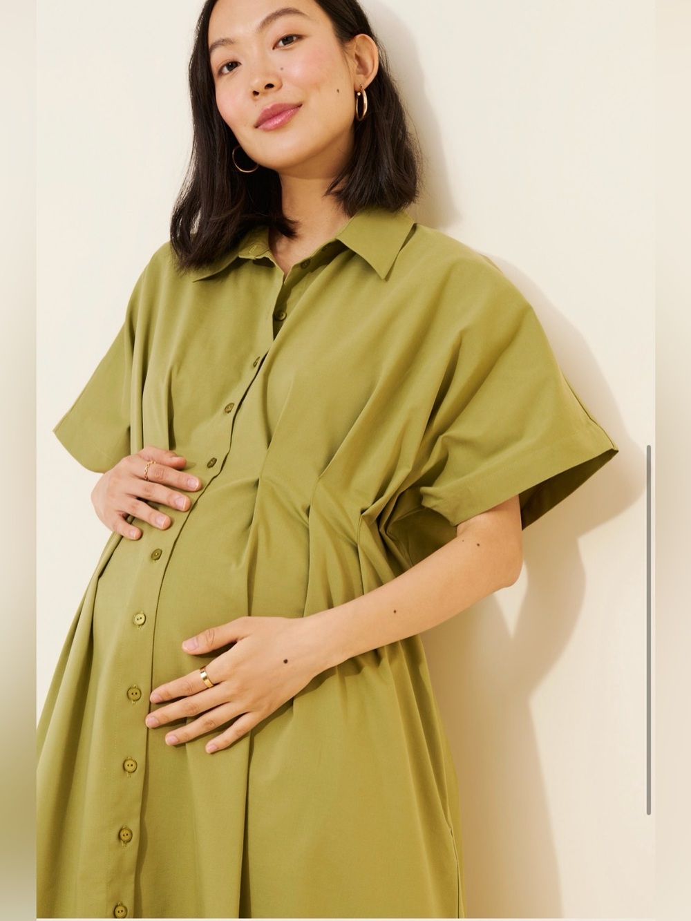 Exquise Olive Green Maternity Tobie Button-Front Pleated Shirt Dress